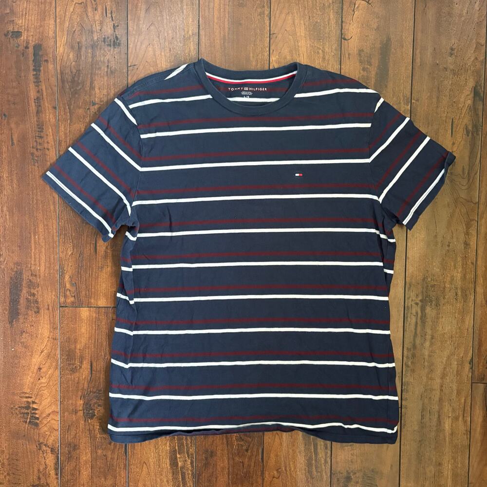 Tommy Hilfiger T Shirt Mens L Blue Striped Y2K 2000s Skater Casual Streetwear